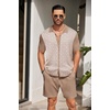 image:imageCOOFANDY Mens 2 Piece Outfit Vintage Short Sleeve Button Down Knit Polo Shirts Casual Beach Shorts SetsKhaki  White