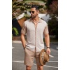 image:imageCOOFANDY Mens 2 Piece Outfit Vintage Short Sleeve Button Down Knit Polo Shirts Casual Beach Shorts SetsKhaki  White