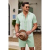 image:imageCOOFANDY Mens 2 Piece Outfit Vintage Short Sleeve Button Down Knit Polo Shirts Casual Beach Shorts SetsLight Green