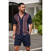 image:imageCOOFANDY Mens 2 Piece Outfit Vintage Short Sleeve Button Down Knit Polo Shirts Casual Beach Shorts SetsNavy Blue
