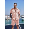 image:imageCOOFANDY Mens 2 Piece Outfit Vintage Short Sleeve Button Down Knit Polo Shirts Casual Beach Shorts SetsPink