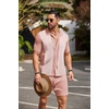 image:imageCOOFANDY Mens 2 Piece Outfit Vintage Short Sleeve Button Down Knit Polo Shirts Casual Beach Shorts SetsPink