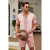 image:imageCOOFANDY Mens 2 Piece Outfit Vintage Short Sleeve Button Down Knit Polo Shirts Casual Beach Shorts SetsPink