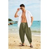 image:imageCOOFANDY Mens Cotton Linen Harem Pants Drawstring Casual Cropped Trousers Lightweight Loose Beach Yoga Pants with PocketsArmy Green