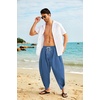 image:imageCOOFANDY Mens Cotton Linen Harem Pants Drawstring Casual Cropped Trousers Lightweight Loose Beach Yoga Pants with PocketsDark Blue