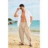 image:imageCOOFANDY Mens Cotton Linen Harem Pants Drawstring Casual Cropped Trousers Lightweight Loose Beach Yoga Pants with PocketsLight Brown