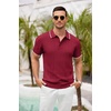 image:imageCOOFANDY Mens Knit Polo Shirts Short Sleeve Ribbed Textured Polo Shirt Lightweight Casual Golf Shirts Collared T ShirtWine Red White Striped