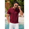 image:imageCOOFANDY Mens Knit Polo Shirts Short Sleeve Ribbed Textured Polo Shirt Lightweight Casual Golf Shirts Collared T ShirtWine Red White Striped