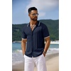 image:imageCOOFANDY Mens Knit Short Sleeve Shirts Button Down Vintage Knitted Polo Shirt Casual Beach Crochet Cable Vacation ShirtNavy Bluewhite