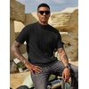 image:imageCOOFANDY Mens Mock Turtleneck Sweater Short Sleeve Casual Basic Tops Ribbed Knit Pullover Solid TeePat4 Black Striped