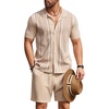 image:imageCOOFANDY Mens 2 Piece Outfit Vintage Short Sleeve Button Down Knit Polo Shirts Casual Beach Shorts Sets01light Khaki