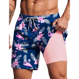 image:imageCOOFANDY 2 in 1 Mens Swim Trunks 7 Inch Quick Dry Board Shorts Beach Swim Shorts Bathing Suit with Compression LinerBlue Pink Flamingo