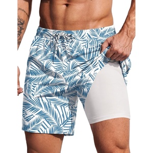image:imageCOOFANDY 2 in 1 Mens Swim Trunks 7 Inch Quick Dry Board Shorts Beach Swim Shorts Bathing Suit with Compression LinerDeep Blue Plam Leaf
