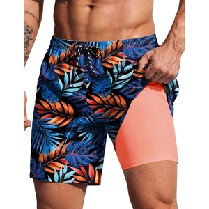 image:imageCOOFANDY 2 in 1 Mens Swim Trunks 7 Inch Quick Dry Board Shorts Beach Swim Shorts Bathing Suit with Compression LinerHawaiian Leaves