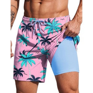 image:imageCOOFANDY 2 in 1 Mens Swim Trunks 7 Inch Quick Dry Board Shorts Beach Swim Shorts Bathing Suit with Compression LinerPink Tree