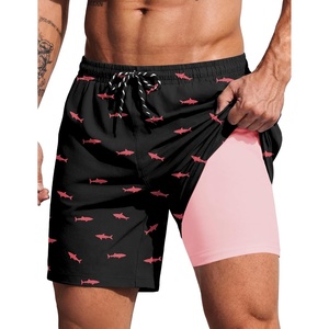 image:imageCOOFANDY 2 in 1 Mens Swim Trunks 7 Inch Quick Dry Board Shorts Beach Swim Shorts Bathing Suit with Compression LinerPinkshark Black