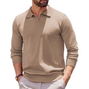 image:imageCOOFANDY Long Sleeve Polo Shirts for Men Knit Polo Sweater Lightweight Ribbed Pullover SweaterLight Khaki