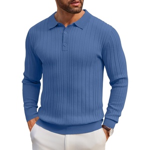 image:imageCOOFANDY Long Sleeve Polo Shirts for Men Lightweight Ribbed Knit Polo Sweater Casual Dress Pullover SweatersDenim Blue