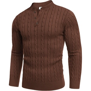 image:imageCOOFANDY Men Casual Knit Sweater Quarter Button Henley Long Sleeve Slim Fit Twisted Pullover SweaterBrown