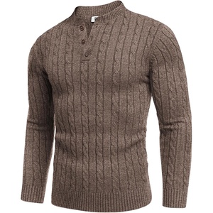 image:imageCOOFANDY Men Casual Knit Sweater Quarter Button Henley Long Sleeve Slim Fit Twisted Pullover SweaterBrown and White