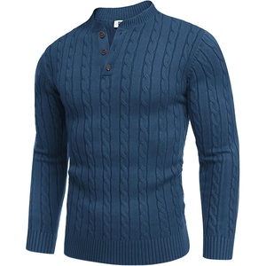 image:imageCOOFANDY Men Casual Knit Sweater Quarter Button Henley Long Sleeve Slim Fit Twisted Pullover SweaterDark Blue