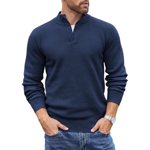 image:imageCOOFANDY Men Quarter Button Sweater Long Sleeve Henley Waffle Knit Pullover  3 Button Mock Neck Casual Dressy Slim Fit Fall Winter Tops Stand Collar Business Office Ribbed Cuffs Warm Cozy LayeringNavy Blue
