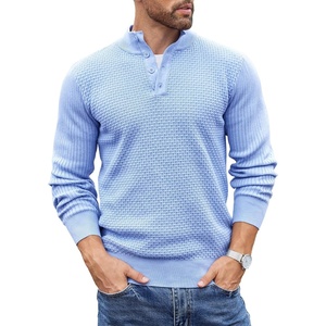 image:imageCOOFANDY Men Quarter Button Sweater Long Sleeve Henley Waffle Knit Pullover  3 Button Mock Neck Casual Dressy Slim Fit Fall Winter Tops Stand Collar Business Office Ribbed Cuffs Warm Cozy LayeringLight Blue