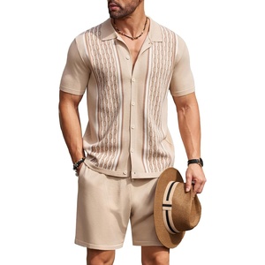 image:imageCOOFANDY Mens 2 Piece Outfit Vintage Short Sleeve Button Down Knit Polo Shirts Casual Beach Shorts Sets01light Khaki