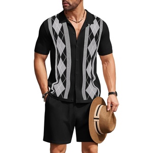image:imageCOOFANDY Mens 2 Piece Outfit Vintage Short Sleeve Button Down Knit Polo Shirts Casual Beach Shorts SetsArgyleblack