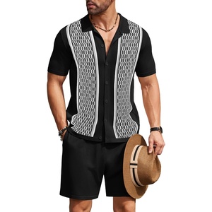 image:imageCOOFANDY Mens 2 Piece Outfit Vintage Short Sleeve Button Down Knit Polo Shirts Casual Beach Shorts SetsBlack