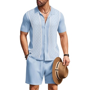 image:imageCOOFANDY Mens 2 Piece Outfit Vintage Short Sleeve Button Down Knit Polo Shirts Casual Beach Shorts SetsBlue