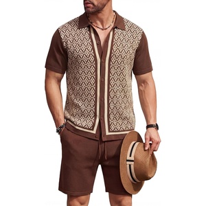 image:imageCOOFANDY Mens 2 Piece Outfit Vintage Short Sleeve Button Down Knit Polo Shirts Casual Beach Shorts SetsBrown  Light Khaki