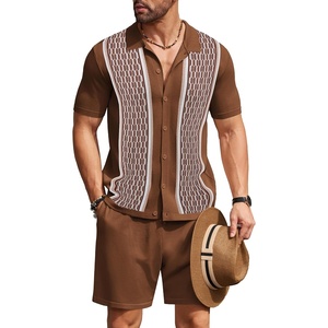 image:imageCOOFANDY Mens 2 Piece Outfit Vintage Short Sleeve Button Down Knit Polo Shirts Casual Beach Shorts SetsBrown