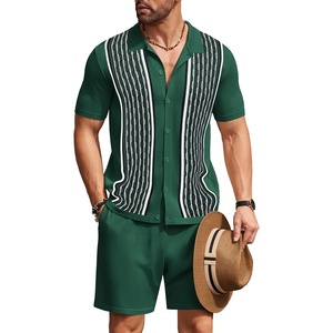 image:imageCOOFANDY Mens 2 Piece Outfit Vintage Short Sleeve Button Down Knit Polo Shirts Casual Beach Shorts SetsDark Green