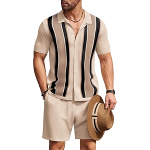image:imageCOOFANDY Mens 2 Piece Outfit Vintage Short Sleeve Button Down Knit Polo Shirts Casual Beach Shorts SetsKhaki  Black