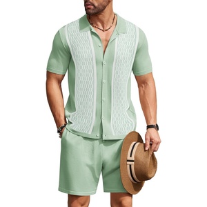 image:imageCOOFANDY Mens 2 Piece Outfit Vintage Short Sleeve Button Down Knit Polo Shirts Casual Beach Shorts SetsLight Green