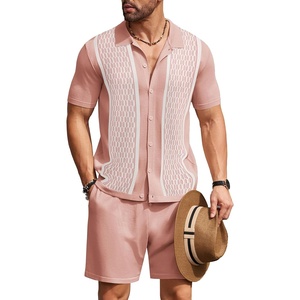 image:imageCOOFANDY Mens 2 Piece Outfit Vintage Short Sleeve Button Down Knit Polo Shirts Casual Beach Shorts SetsPink