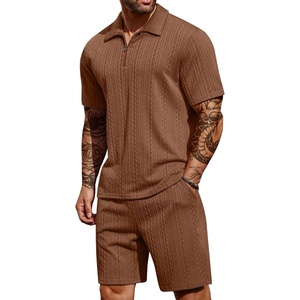 image:imageCOOFANDY Mens 2 Pieces Outfits Casual Quarter Zip Polo Shirt and Shorts Set Athletic Jogging Summer TracksuitBrown