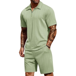 image:imageCOOFANDY Mens 2 Pieces Outfits Casual Quarter Zip Polo Shirt and Shorts Set Athletic Jogging Summer TracksuitLight Green