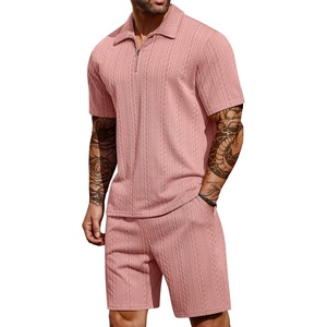 image:imageCOOFANDY Mens 2 Pieces Outfits Casual Quarter Zip Polo Shirt and Shorts Set Athletic Jogging Summer TracksuitPink