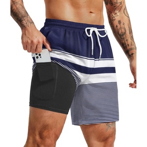 image:imageCOOFANDY Mens 7 Swim Trunks with Compression Liner Quick Dry 2 in 1 Bathing Suit Beach Swimwear Board Shorts with PocketsBblue White Stripes