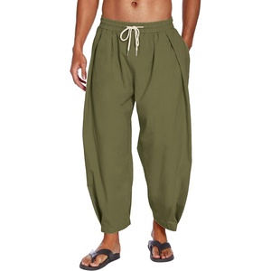 image:imageCOOFANDY Mens Cotton Linen Harem Pants Drawstring Casual Cropped Trousers Lightweight Loose Beach Yoga Pants with PocketsArmy Green