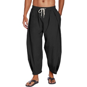 image:imageCOOFANDY Mens Cotton Linen Harem Pants Drawstring Casual Cropped Trousers Lightweight Loose Beach Yoga Pants with PocketsBlack