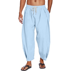 image:imageCOOFANDY Mens Cotton Linen Harem Pants Drawstring Casual Cropped Trousers Lightweight Loose Beach Yoga Pants with PocketsBlue
