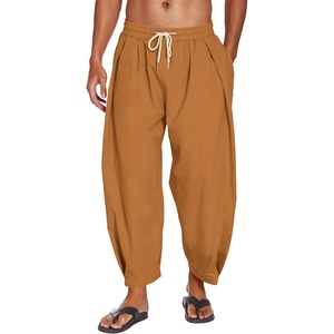 image:imageCOOFANDY Mens Cotton Linen Harem Pants Drawstring Casual Cropped Trousers Lightweight Loose Beach Yoga Pants with PocketsBrown