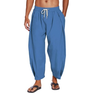 image:imageCOOFANDY Mens Cotton Linen Harem Pants Drawstring Casual Cropped Trousers Lightweight Loose Beach Yoga Pants with PocketsDark Blue