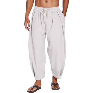 image:imageCOOFANDY Mens Cotton Linen Harem Pants Drawstring Casual Cropped Trousers Lightweight Loose Beach Yoga Pants with PocketsLight Grey