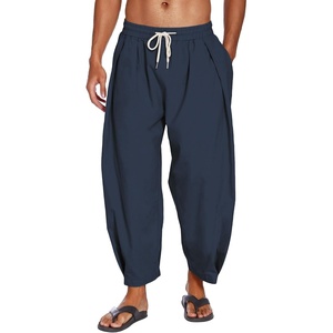 image:imageCOOFANDY Mens Cotton Linen Harem Pants Drawstring Casual Cropped Trousers Lightweight Loose Beach Yoga Pants with PocketsNavy Blue