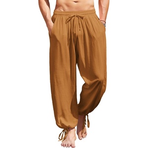 image:imageCOOFANDY Mens Cotton Linen Pants Casual Harem Pants Elastic Waist Beach Boho Yoga TrousersLight Brown
