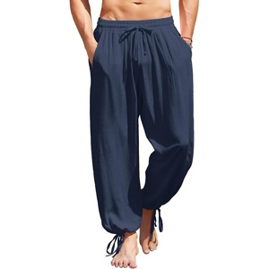 image:imageCOOFANDY Mens Cotton Linen Pants Casual Harem Pants Elastic Waist Beach Boho Yoga TrousersNavy Blue